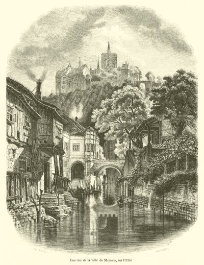 En gate i byen Meissen, ved Elben (gravering) av French School