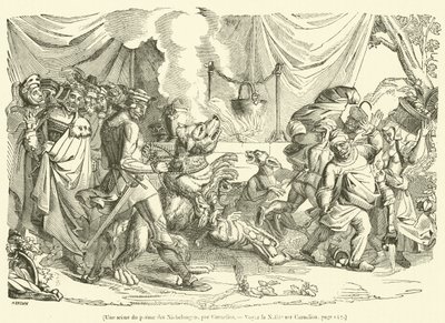 En scene fra diktet Nibelungene (gravering) av French School