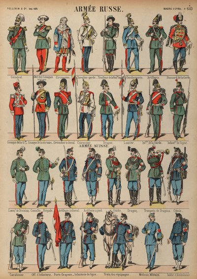 Uniformer av de russiske og sveitsiske hærene (farget gravering) av French School