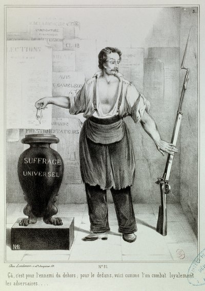 Allmenn stemmerett "" stemmen eller riflen"" Stemmen må bekjempe fienden i stedet for riflen. Gravering av M.L. Bosredon, april 1848. Paris, Musee Carnavalet av French School