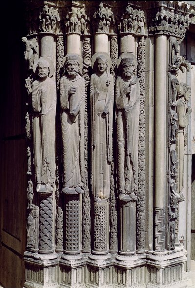Ukjent skikkelse, kong Salomo, dronningen av Saba og kong David, jambfigurer fra den kongelige portalen, 1140-55 av French School