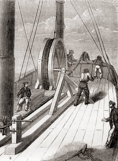 Avvikling av undersjøisk kabel fra Dover til Calais ombord på Blazer, 25. desember 1851, fra Les Merveilles de la Science, publisert ca. 1870 (gravering) av French School