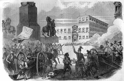 Uprising in Bologna: overthrow of the pontifical government under Gregoire XVI Pope from 1831 to 1846. Engraving in “Histoire des Papes-Rois-Queen and Empereurs a travers les centuries”” by Maurice Lachatre av French School