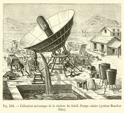 Mekanisk bruk av solens varme, solpumpe, Mouchot-Pifre-system (gravering) av French School