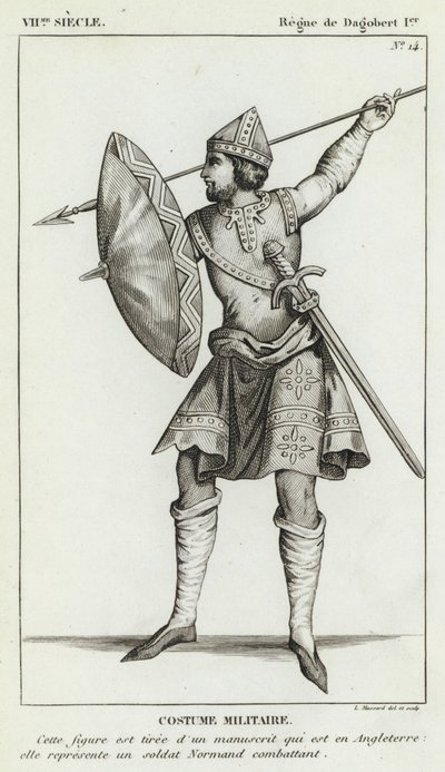VII Century, Reign of Dagobert I, Militærdrakt (gravering) av French School