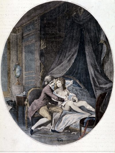 Valmont skriver et brev på Emilias lår - i "" Dangerous Liaisons"" av Choderlos de Laclos av French School