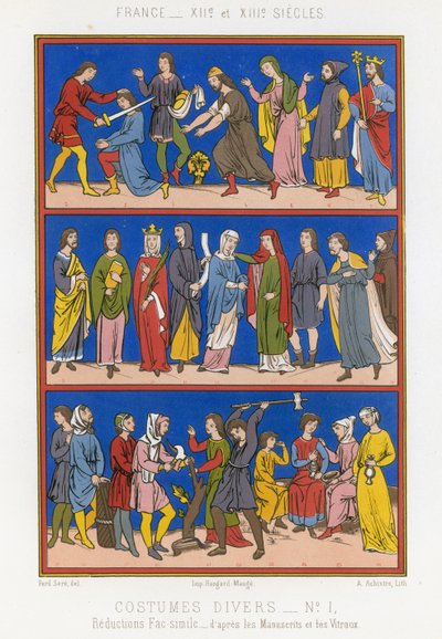 Ulike kostymer fra 1100- og 1200-tallets Frankrike av French School