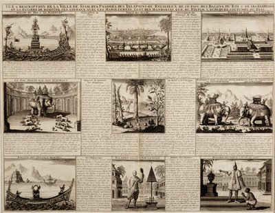 Ulike utsikter over Siam og Ayutthaya, fra Du Royaume de Siam av Simon de la Loubere, utgitt i 1688 av French School