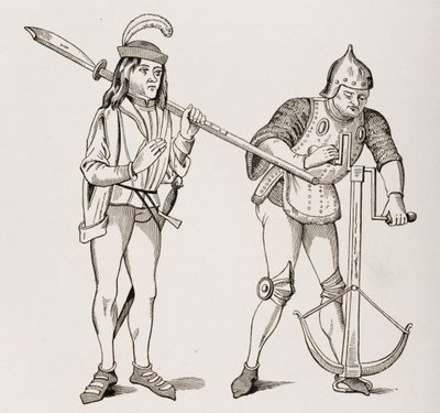 Varlet eller Squire som bærer en hellebard med tykk blad og en bueskytter som tegner en armbrøst med dobbelthåndsvinsj, etter en miniatyr fra 1400-tallet, fra Le Moyen Age et La Renaissance av Paul Lacroix ( av French School