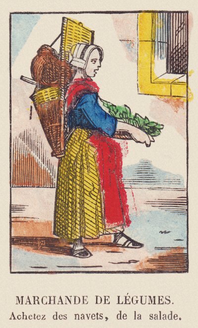 Grønnsaksselger. Kjøper kålrot, salat., rundt 1819 (trykk) av French School