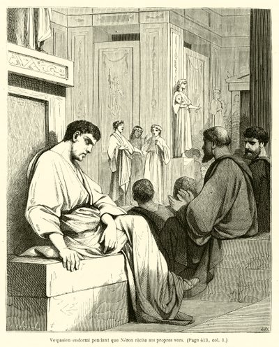 Vespasian sover mens Nero resiterer sine egne vers (gravering) av French School
