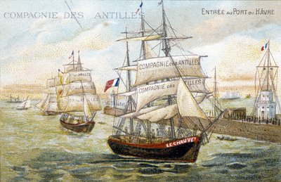 Fartøy fra selskapet i Vestindia i havnen i Le Havre. 1800-tallsillustrasjon bevart på det kommunale biblioteket i Dinan. av French School