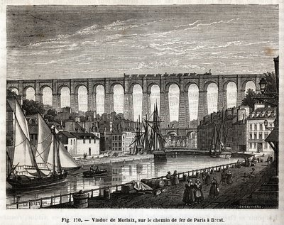 Morlaix Viaduct, på jernbanen fra Paris til Brest (Frankrike). Gravering av Lebreton et Marchand, i "" Les Merveilles de la Science"" av Louis Figuier (1819-1894), Jouvet et Cie-utgaven av French School