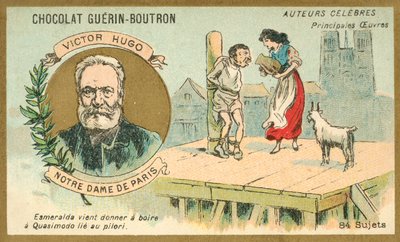Victor Hugo, fransk forfatter, og en scene fra romanen hans Notre Dame de Paris (chromolitho) av French School