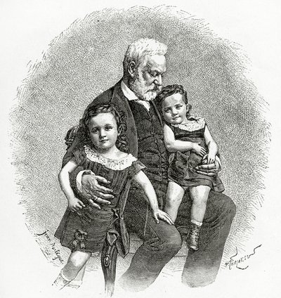 Victor Hugo og hans barnebarn, 1800-tallet (bw-gravering) av French School