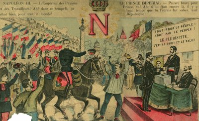 Victor Napoleon (1862-1926) i spissen for bonapartistenes tilhengere, den siste arvingen etter Napoleon I måtte gå i eksil etter en lov vedtatt av Den tredje republikk i 1886. Gravering, i “” Le Figaro, supplement””, på 30.03.1889, Paris. av French School