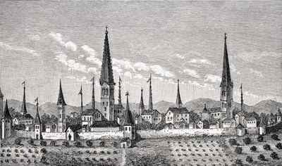 Utsikt over Dortmund, etter et kobberstikk i 'Theatrum Geographicum' av P. Bertius, fra 'Le Moyen Age et la Renaissance' av Paul Lacroix (1806-84) utgitt 1847 av French School