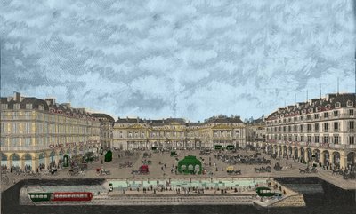 Utsikt over Palais-Royal og Rue de Rivoli med et tverrsnitt av metrostasjonen 1898 (farget etsning) av French School
