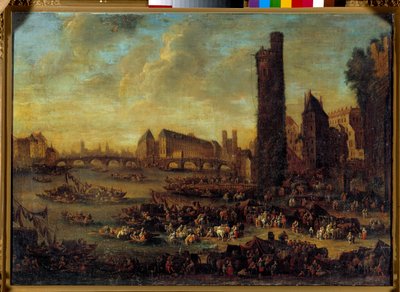 Utsikt over Paris fra Côte de la Cite tatt fra Tour de Nesles-maleriet til den franske skolen. 1650 søn. 0,59 x 0,82m Versailles. Chateau-museet av French School