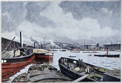 Utsikt over Paris, Seinen og Villettebassenget, akvarell av Brun. 1889. av French School
