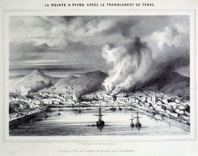 Utsikt over Pointe a Pitre (Pointe-a-Pitre) etter jordskjelvet 8/02/1843. Gravering av Chartres fra 1800-tallet, Musee des Beaux Arts av French School