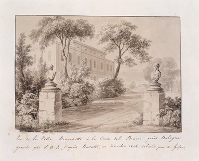 Utsikt over Villa Bianchetti i Croce del Biacco nær Bologna, gravert av S.A.I. etter Busatti, farget av M. Hofer, desember 1814 (farget gravering) av French School