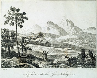 Utsikt over en soufriere i Guadeloupe. Gravering fra 1800-tallet. Chartres, Musee des Beaux Arts av French School