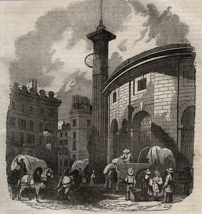 Utsikt over halle au ble i Paris (bygget i 1763-1769) og Medici-søylen, gravering fra begynnelsen av 1800-tallet - hvete- og maisutveksling i Paris (bygget i 1763-1769), gravering tidlig på 1800-tallet - Utsikt over Halle au ble, plassert på det nåværende  av French School