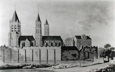 Utsikt over klosteret Saint-Germain-des-Pres på begynnelsen av 1400-tallet (litografi) (s/hv-foto) av French School