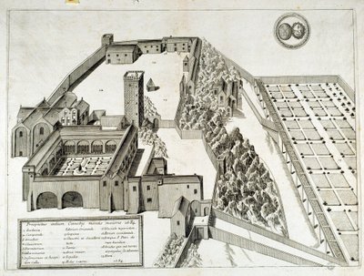Utsikt over benediktinerklosteret Saint Pierre de Montmajour (eller Mont Majour), grunnlagt i 948, Arles, Frankrike (gravering) av French School