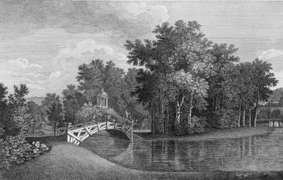 Utsikt over broen og Venus-tempelet i hagene ved West Wycombe, fra Jardins Anglo-Chinois a la Mode, av George Louis le Rouge, utgitt 1770-87 av French School