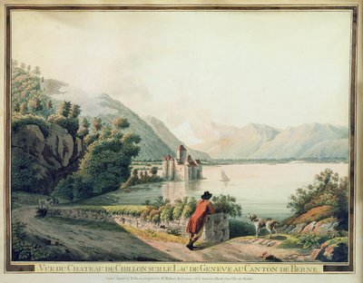 Utsikt over Chateau de Chillon, Genfersjøen (farget etsning) av French School
