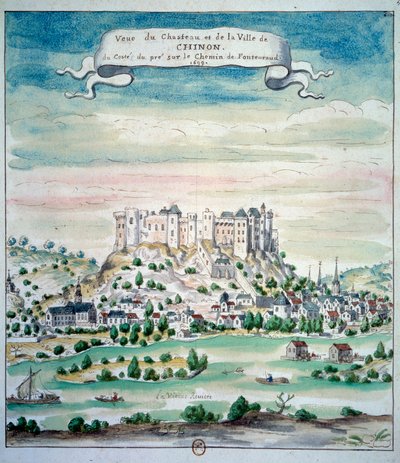 Utsikt over Chateau de Chinon akvarell fra den franske skolen. 1699 Paris, B.N. av French School