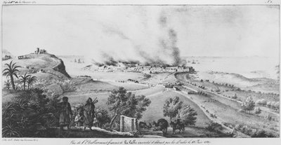 Utsikt over det franske etablissementet ved La Calle som ble brent og ødelagt av araberne 18. juni 1827, illustrasjon fra Atlas de apercu historique, statistique et topographique sur l