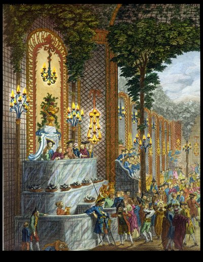 Utsikt over interiøret i et av rommene på Place de Louis le Grand, Utsikt over inngangen til salongen (detalj av 101860) (fargegravering) av French School