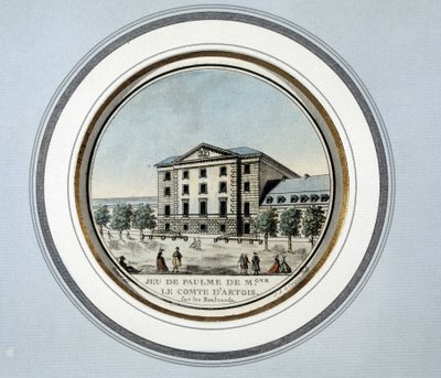 Utsikt over Jeu de Paume av Monsignor greven av Artois - litografi av French School