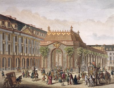 Utsikt over Place de Louis le Grand, med et av rommene konstruert i anledning ekteskapet til Monseigneur le Dauphin (detalj av 101866) (fargegravering) av French School