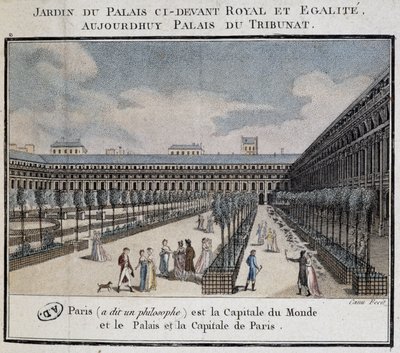 Utsikt over det kongelige palasset (Palais du Tribunat) med hage og turgåere av French School