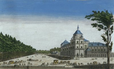 Utsikt over det kongelige palasset i Aranjuez, Spania (fargegravering) av French School