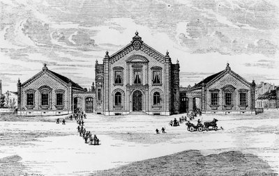 Utsikt over skolene og teatret, Familistery of Guise, fra Solutions Sociales av Jean-Baptiste Andre Godin (1817-88), Paris, 1871 av French School