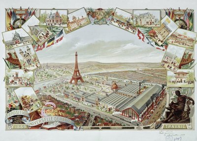 Utsikt over verdensutstillingen med de forskjellige paviljongene og Eiffeltårnet av French School