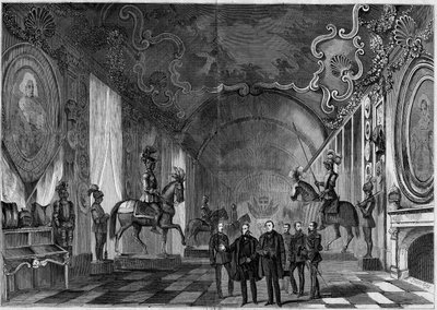 View of the arms room of the Palace of Turin (Italy) during the visit of King Victor Emmanuel II (Vittorio Emanuele) (Victor-Emmanuel) (1820-1878) and Prince Napoleon (1822-1891) av French School