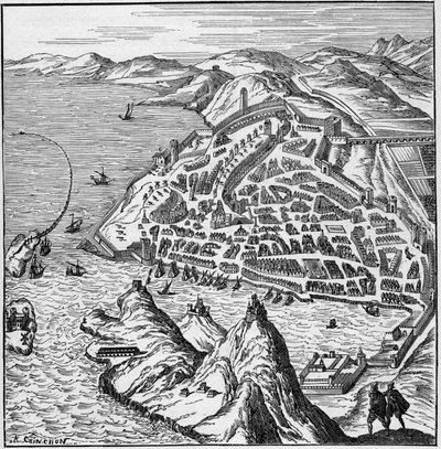 Utsikt over byen og havnen i Marseille på 1500-tallet. Gravering i "La Marine et les colonies: handel" av French School