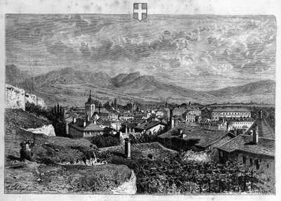View of the city of Chambery in Savoy. Engraving from 1880 in “La republique illustree”” private collection. av French School