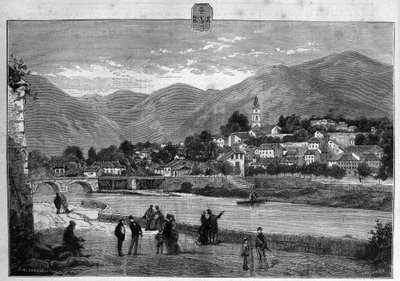 Utsikt over byen Digne i Nedre Alpene (Nedre Alpene). Gravering fra 1880 i "La republique illustree"" privatsamling. av French School