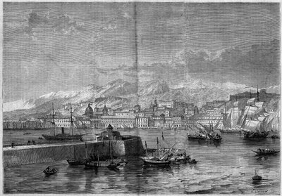 Utsikt over byen Messina (Messina eller Missina). Sicilia, Italia av French School