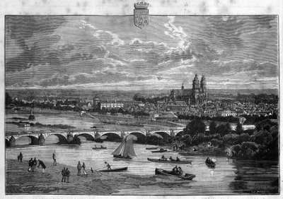 Utsikt over byen Tours i Indre et Loire. Gravering fra 1880 i "La republique illustree"" privatsamling. av French School