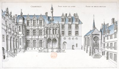 Utsikt over gårdsplassen og kapellet på Chantilly (penn, blekk og wc på papir) av French School