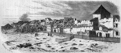 Utsikt over distriktet i byen Kastrich, i Mainz (Tyskland), etter eksplosjonen av kruttønnen i 1857. Fra et fotografi. Gravering i "" Le Monde Illustré"" nr. 36 av 19. desember 1857. av French School