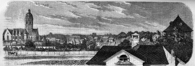 Utsikt over distriktet i byen Kastrich, i Mainz (Tyskland), før eksplosjonen av kruttønnen i 1857. Fra et fotografi. Gravering i "" Le Monde Illustré"" nr. 36 av 19. desember 1857. av French School